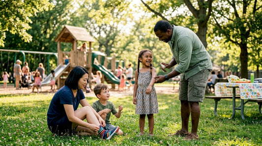 Family applying bug repellent in backyard preparation