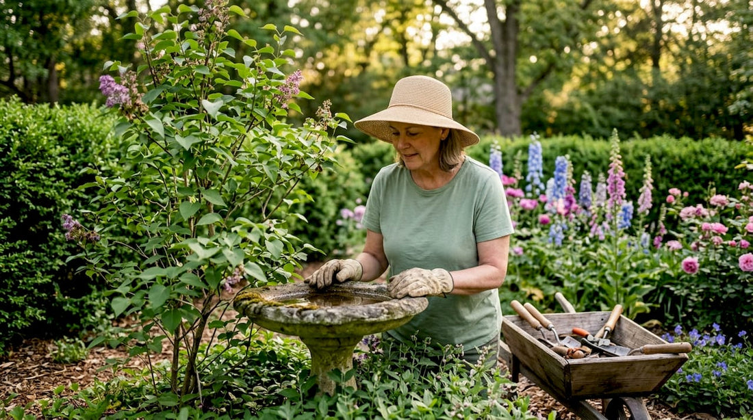 Gardener inspecting mosquito breeding sites outdoors