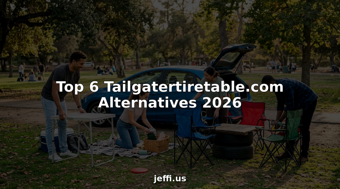 People setting up tailgate party outdoors with folding furniture