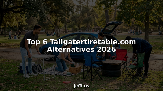 People setting up tailgate party outdoors with folding furniture