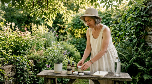 Woman reviewing natural bug repellent products at home