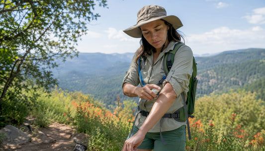 Hiker applying insect repellent on humid forest trail