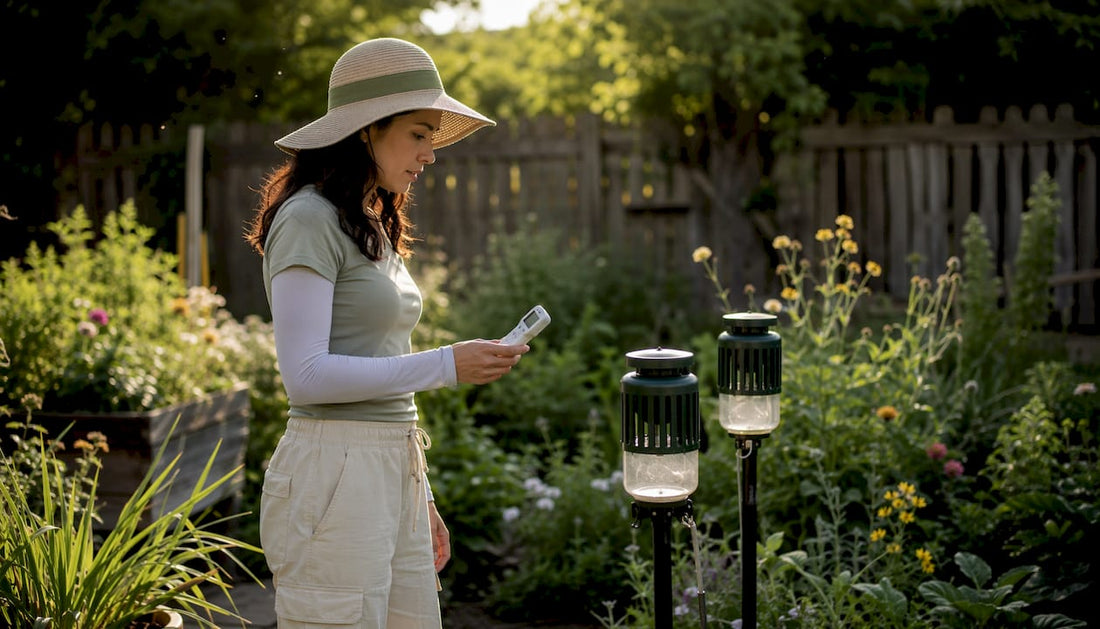 Woman measuring backyard humidity near mosquito traps
