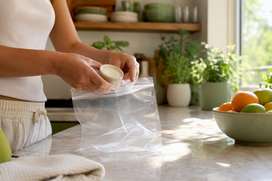 Hands packing body butter into TSA bag