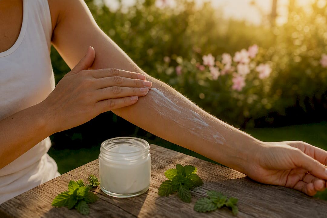 Person applying after sun lotion on arm outdoors