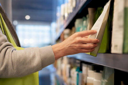 Shopper examining certification on retail packaging