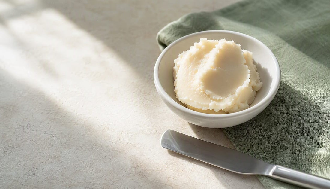 Refined shea butter in ceramic dish