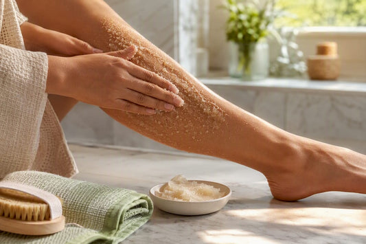 Hands applying sugar scrub to lower leg