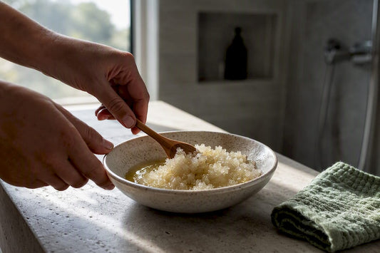 Hands mixing sugar and oil scrub