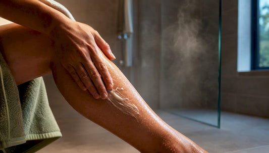 Applying body butter to damp winter skin
