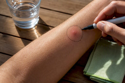 Pen tracing the edge of a mosquito bite