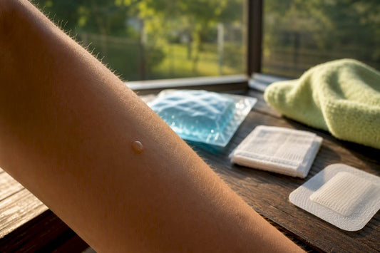Mosquito bite blister beside cool compress