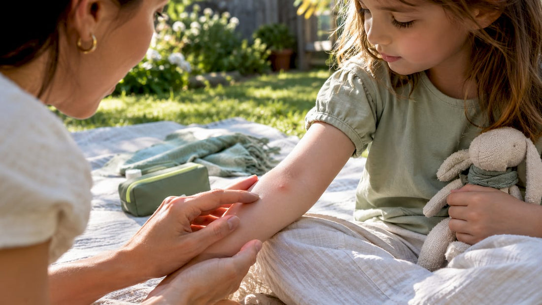 Caregiver checking a child’s fresh mosquito bite