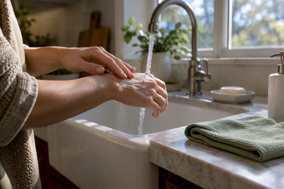 Hands applying lotion beside a kitchen sink