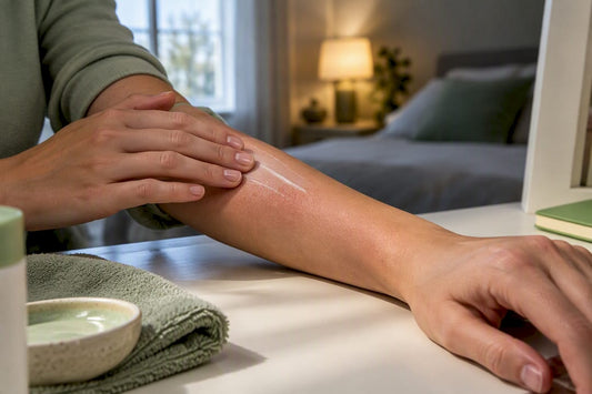 Hand applying lotion to itchy forearm