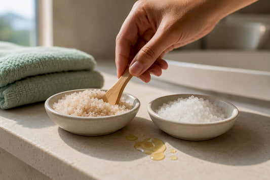 Sugar and salt scrub ingredients beside carrier oil