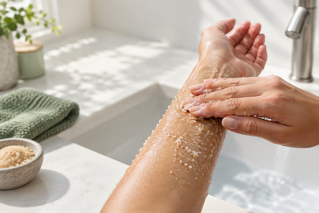 Hands applying sugar scrub to damp skin