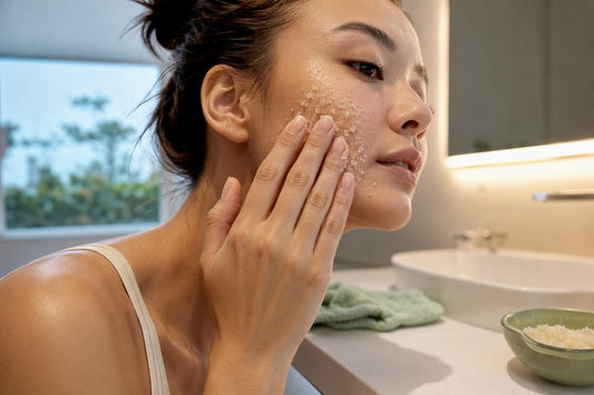 Person gently applying sugar scrub to cheek