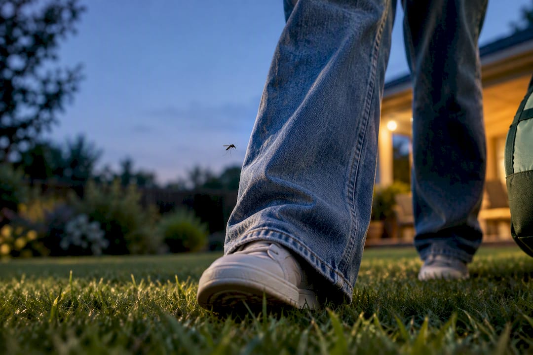 Loose jeans protecting legs from mosquitoes