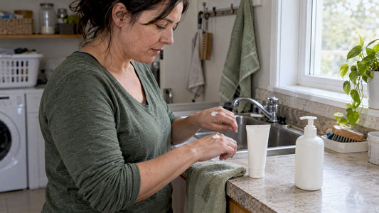 Hands comparing cream and lotion after washing