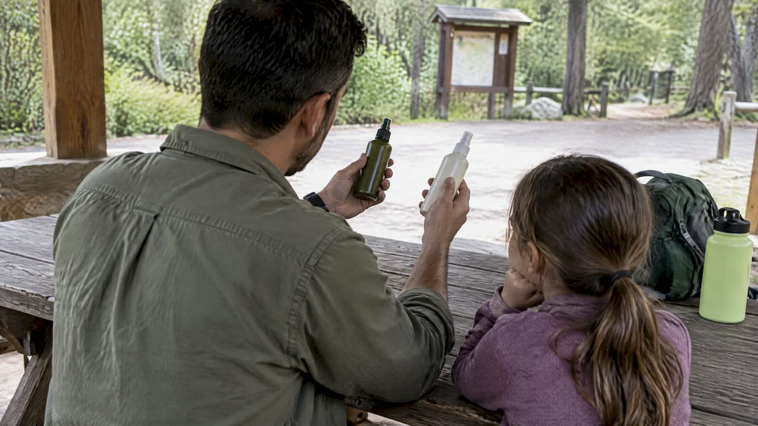 Parent choosing repellent with child outdoors