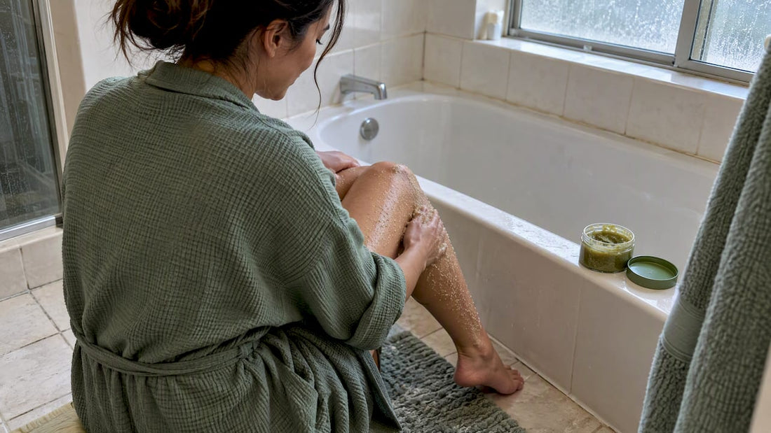 Woman exfoliating leg before self-tanning