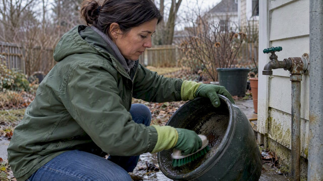 Homeowner scrubbing a container beside outdoor spigot