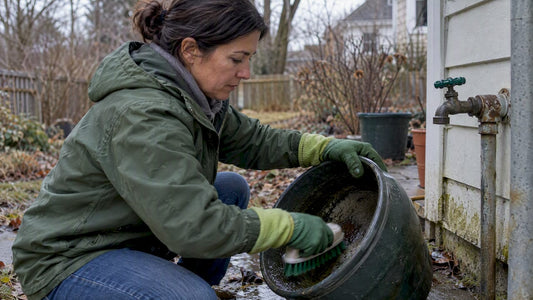 Homeowner scrubbing a container beside outdoor spigot