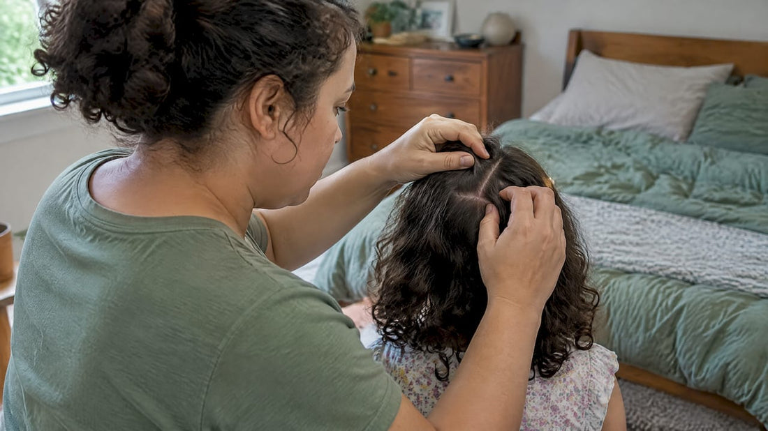 Caregiver parts child's hair to check scalp