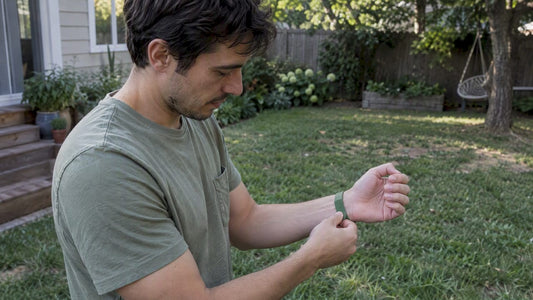 Adult fastening a mosquito wristband outdoors