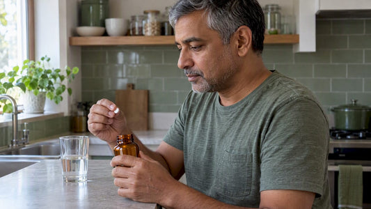 Man considering a thiamine tablet in his kitchen