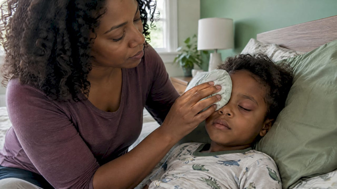 Caregiver cooling a child’s swollen eyelid