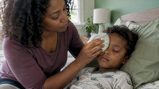 Caregiver cooling a child’s swollen eyelid