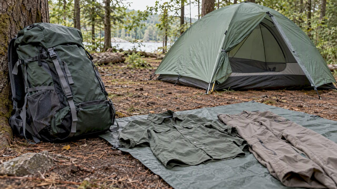 Hiking clothes, pack and tent at camp
